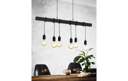 Hängeleuchte EGLO ''Townshend Black'', 6-flammig, E27, Stahl, Holz, schwarz