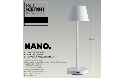 LED-Tischleuchte ROLF KERN „Club Nano“ 21cm, weiß, Akku, dimmbar