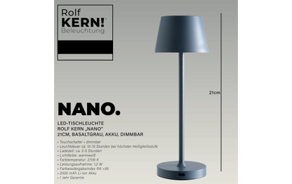 LED-Tischleuchte ROLF KERN „Club Nano“ 21cm, Basaltgrau, Akku, dimmbar