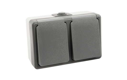 Feuchtraum Doppel-Steckdose McPower ''Secure'', 250V~/16A, IP44, AP, grau