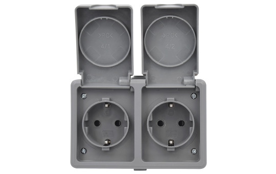 Feuchtraum Doppel-Steckdose McPower ''Secure'', 250V~/16A, IP44, AP, grau