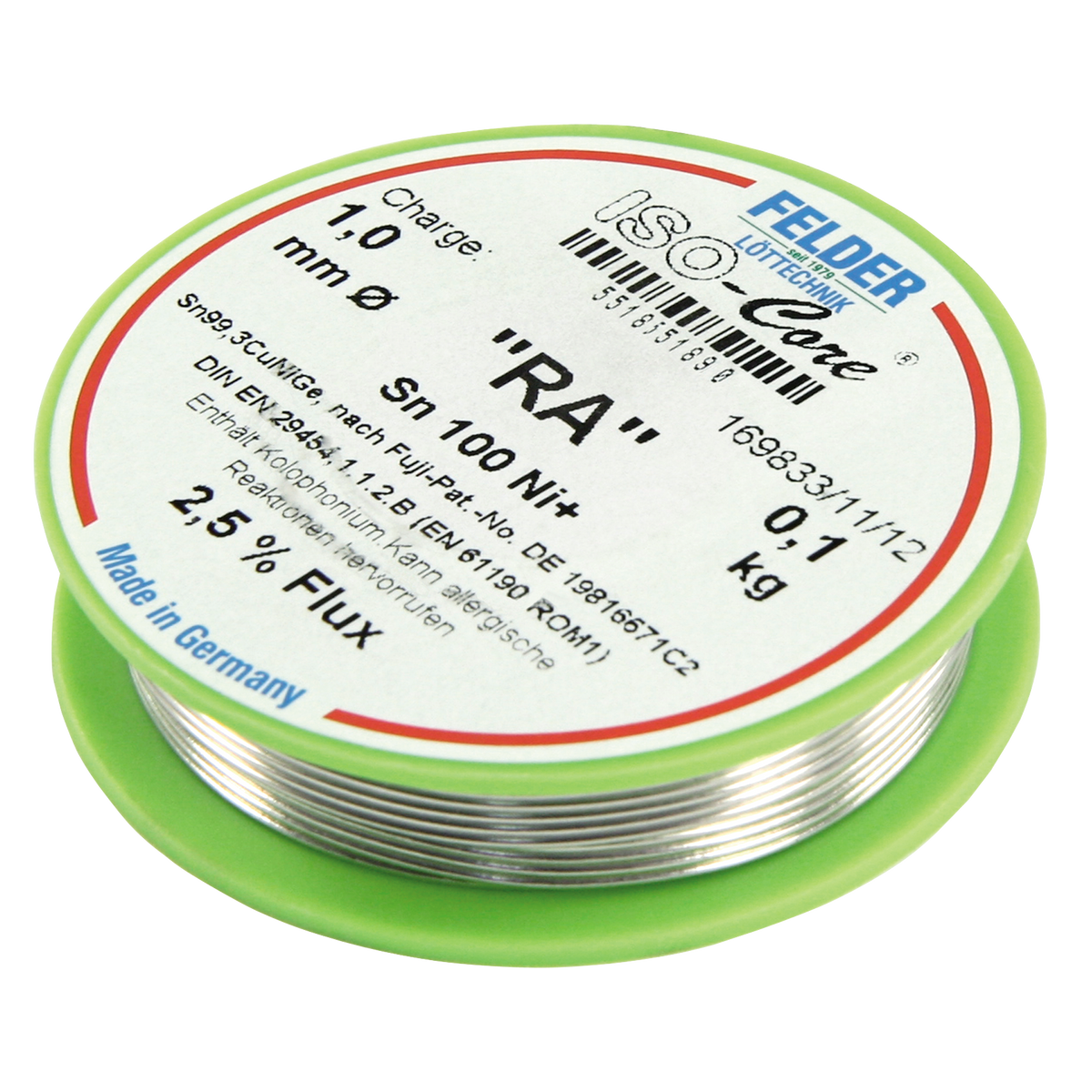 Lötzinn auf Rolle FELDER ISO-Core ''RA'', 1,0mm, 100g, bleifrei (Sn100%Ni+)