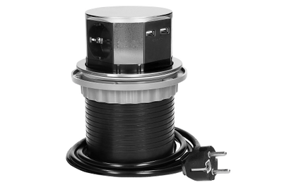Tisch-Einbausteckdose Ø10cm, 3fach, 2 USB 2,4 A, Edelstahl, versenkbar