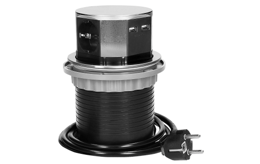 Tisch-Einbausteckdose Ø10cm, 3fach, 2 USB 2,4 A, Edelstahl, versenkbar