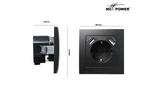 Schutzkontakt-Steckdose mit 2x USB McPower ''Flair'',250V, 5V/2,1A,UP,matt schwarz