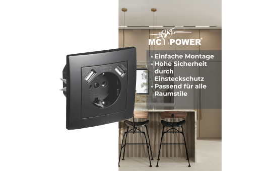 Schutzkontakt-Steckdose mit 2x USB McPower ''Flair'',250V, 5V/2,1A,UP,matt schwarz