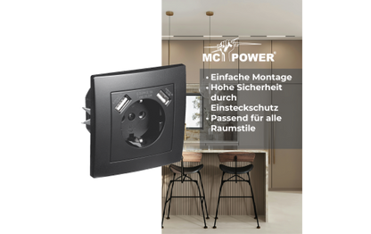 Schutzkontakt-Steckdose mit 2x USB McPower ''Flair'',250V, 5V/2,1A,UP,matt schwarz