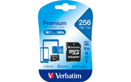 Micro SDHC Card Verbatim, 256GB Speicherkapazität, inkl. Adapter, Class 10