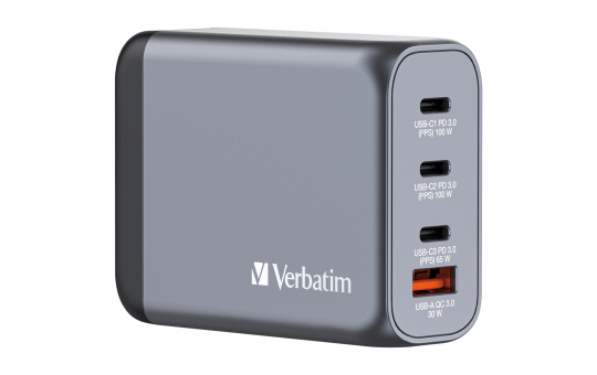 Ladeadapter Verbatim, Universal,GNC-100, GaN, 100W,grau,1x USB-A QC, 3x USB-C PD