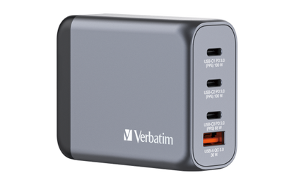 Ladeadapter Verbatim, Universal,GNC-100, GaN, 100W,grau,1x USB-A QC, 3x USB-C PD