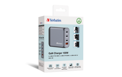 Ladeadapter Verbatim, Universal,GNC-100, GaN, 100W,grau,1x USB-A QC, 3x USB-C PD