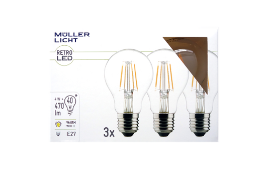 LED Filament Glühlampe, E27, 4W, 470lm, 2700K, warmweiß, 3er Set