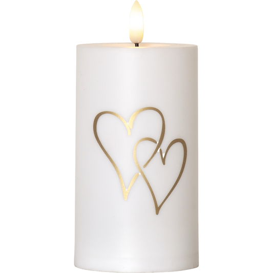 LED-Kerze ''Flamme Heart'' , weiß, 7x14cm, outdoor, Lichtsensor, goldene Herzen