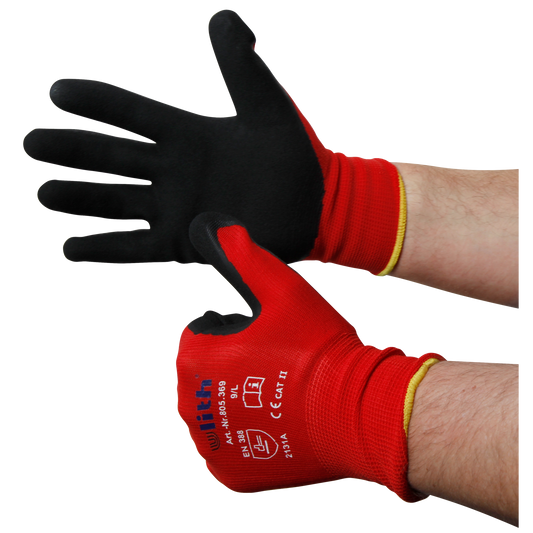 Montage-Feinstrickhandschuhe, Größe 10/XL, rot, 13G-Trägermaterial, Latex-Soft