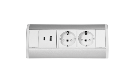 Steckdosenblock Aufbau, silber-weiß, 2-fach, 2x USB (Typ A+C), 3680W