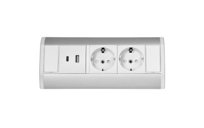 Steckdosenblock Aufbau, silber-weiß, 2-fach, 2x USB (Typ A+C), 3680W