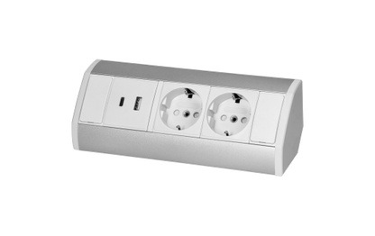 Steckdosenblock Aufbau, silber-weiß, 2-fach, 2x USB (Typ A+C), 3680W