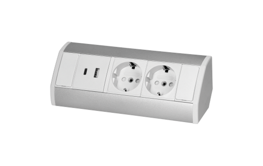 Steckdosenblock Aufbau, silber-weiß, 2-fach, 2x USB (Typ A+C), 3680W