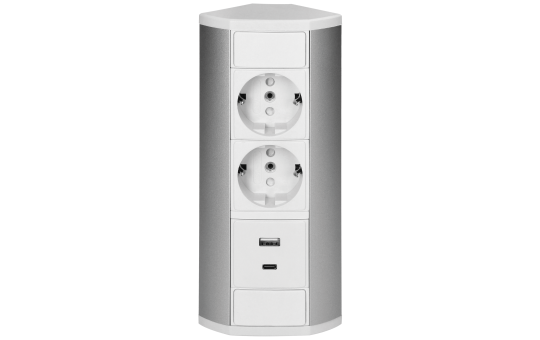 Steckdosenblock Aufbau, silber-weiß, 2-fach, 2x USB (Typ A+C), 3680W