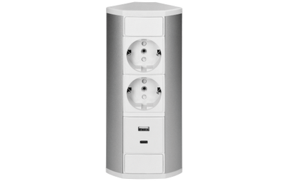 Steckdosenblock Aufbau, silber-weiß, 2-fach, 2x USB (Typ A+C), 3680W