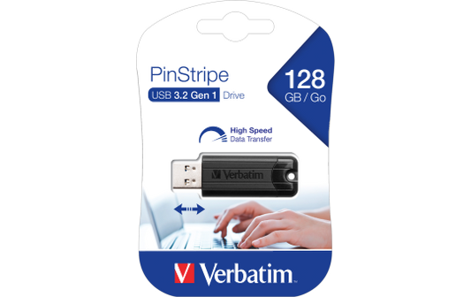 USB 3.2 Stick Verbatim, 128GB Speicher, PinStripe, Typ-A, Schiebemechanismus