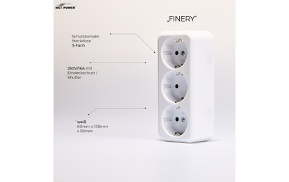 Schutzkontakt-Steckdose 3-fach McPower ''Finery'', 250V/16A, AP, Einsteckschutz, weiß