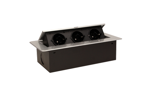 Tisch-Einbausteckdose, 3fach, silber-schwarz, 2500W