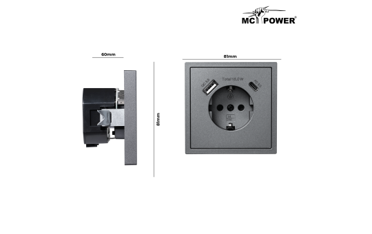 Schutzkontakt-Steckdose McPower ''Shallow'' 1x USB-C - 18W Quickcharge - 1x USB-A
